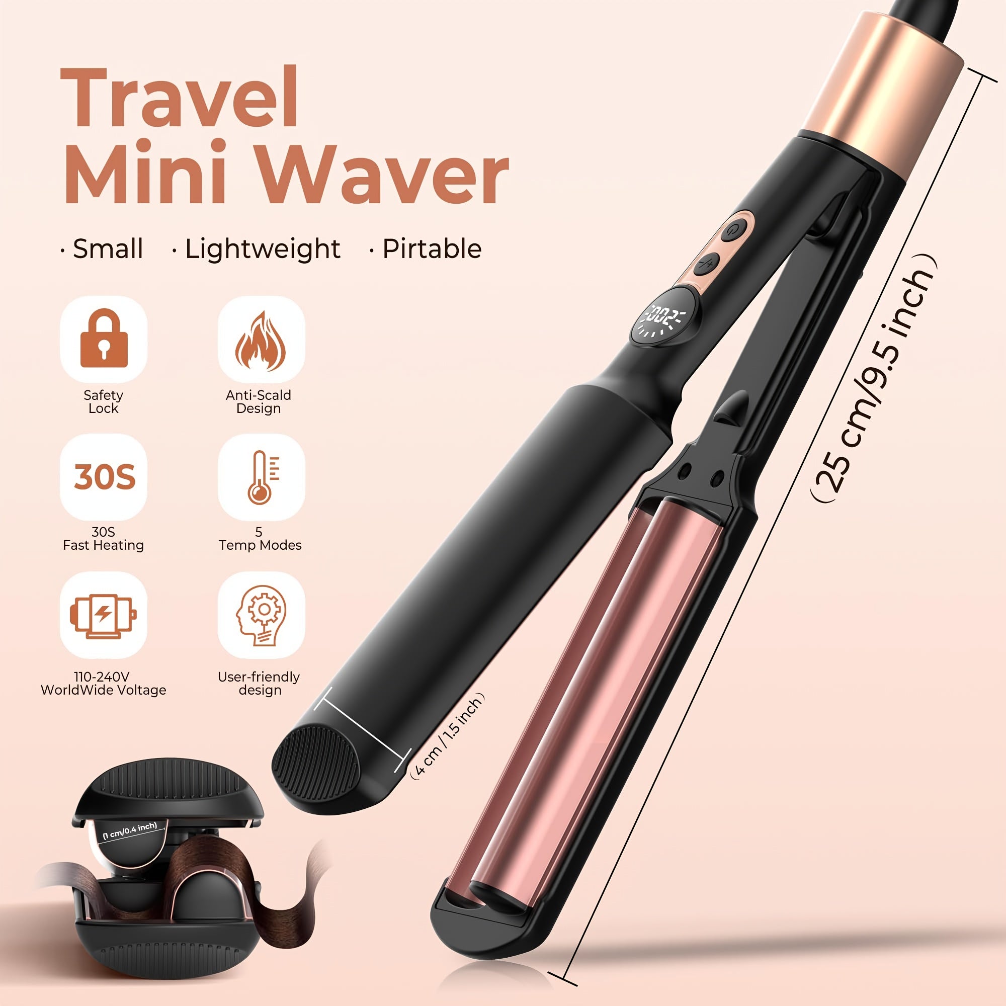 Travel Waver Hair Tool Mini Crimper for Women Short Hair 0.4 Inch Small Double Barrel S Waver Curling Iron 5 Temps, Anti-scalding, Auto-Off