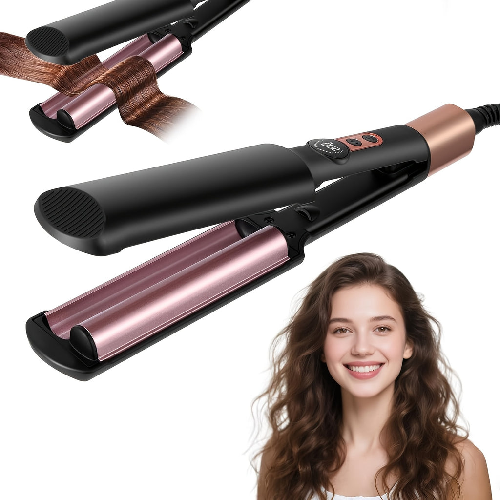 Mini Hair Curler Waver Hair Tool Crimper for Women Short Hair Travel Double Barrel Small Waver Ceramic Curling Iron Dual Voltage with 5 Temps, Anti-scalding for Dating, Daily