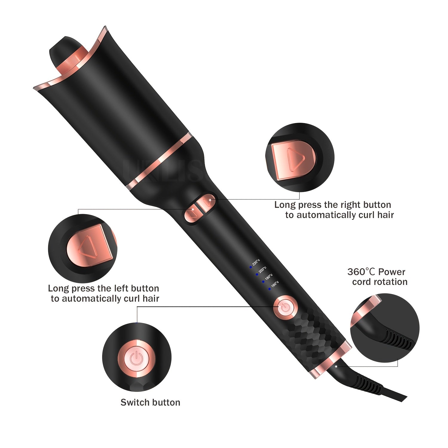 Hair Curler, Curling Wand, Curling Tongs,Curling Iron with 360° Rotating,4-Speed Adjustable Temperature Curling Wand, Fast Heating Ceramic Barrel, Dual Voltage Hair Curlers
