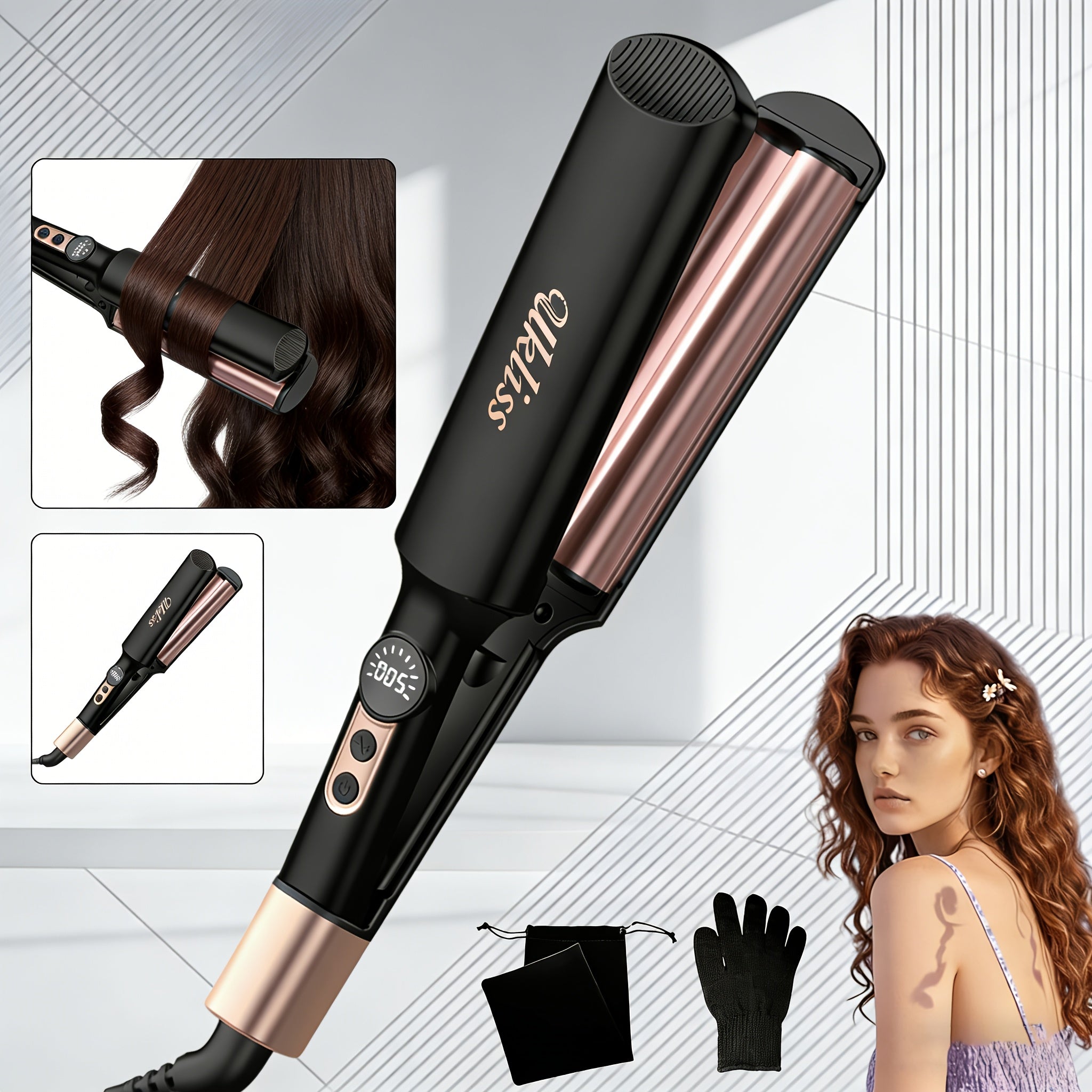 Mini Hair Curler Waver Hair Tool Crimper for Women Short Hair Travel Double Barrel Small Waver Ceramic Curling Iron Dual Voltage with 5 Temps, Anti-scalding for Dating, Daily