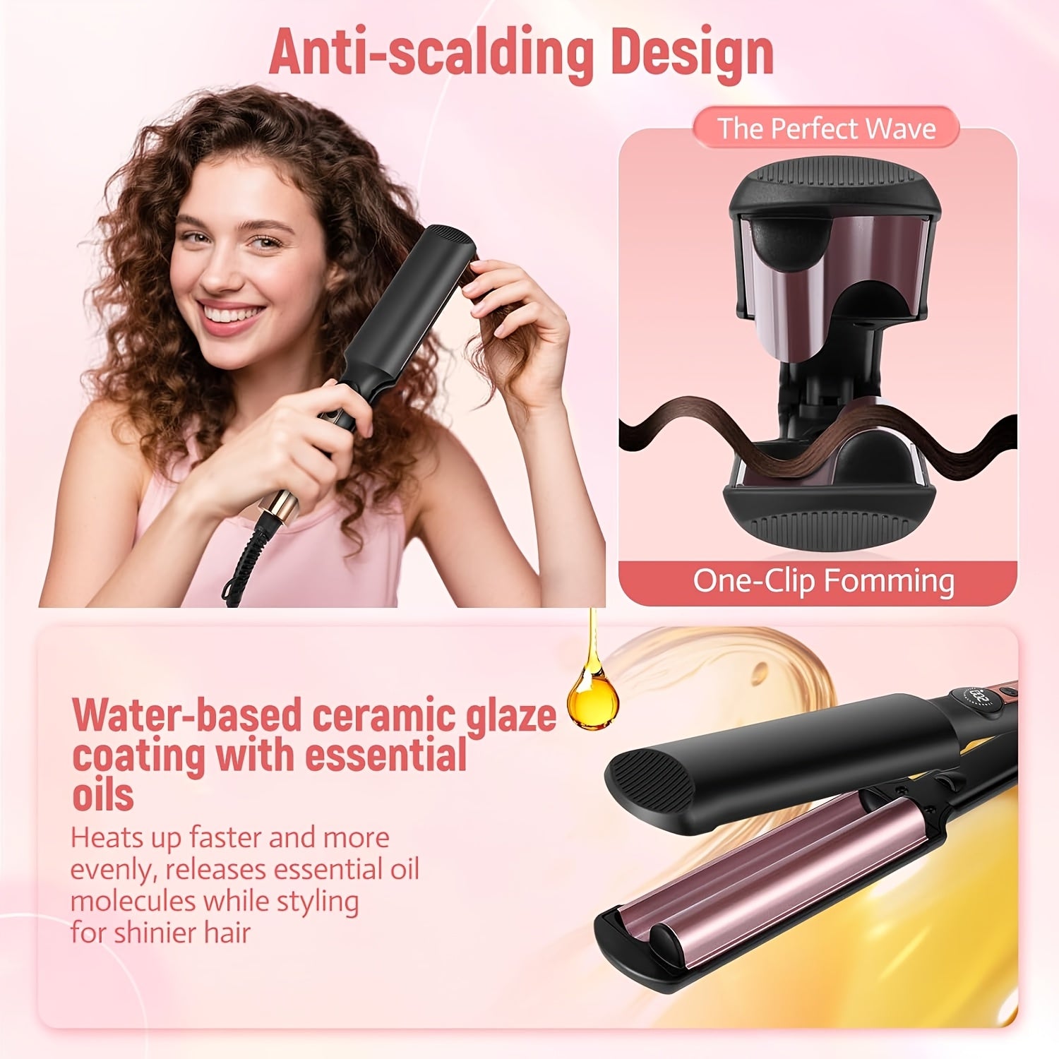 Mini Hair Curler Waver Hair Tool Crimper for Women Short Hair Travel Double Barrel Small Waver Ceramic Curling Iron Dual Voltage with 5 Temps, Anti-scalding for Dating, Daily