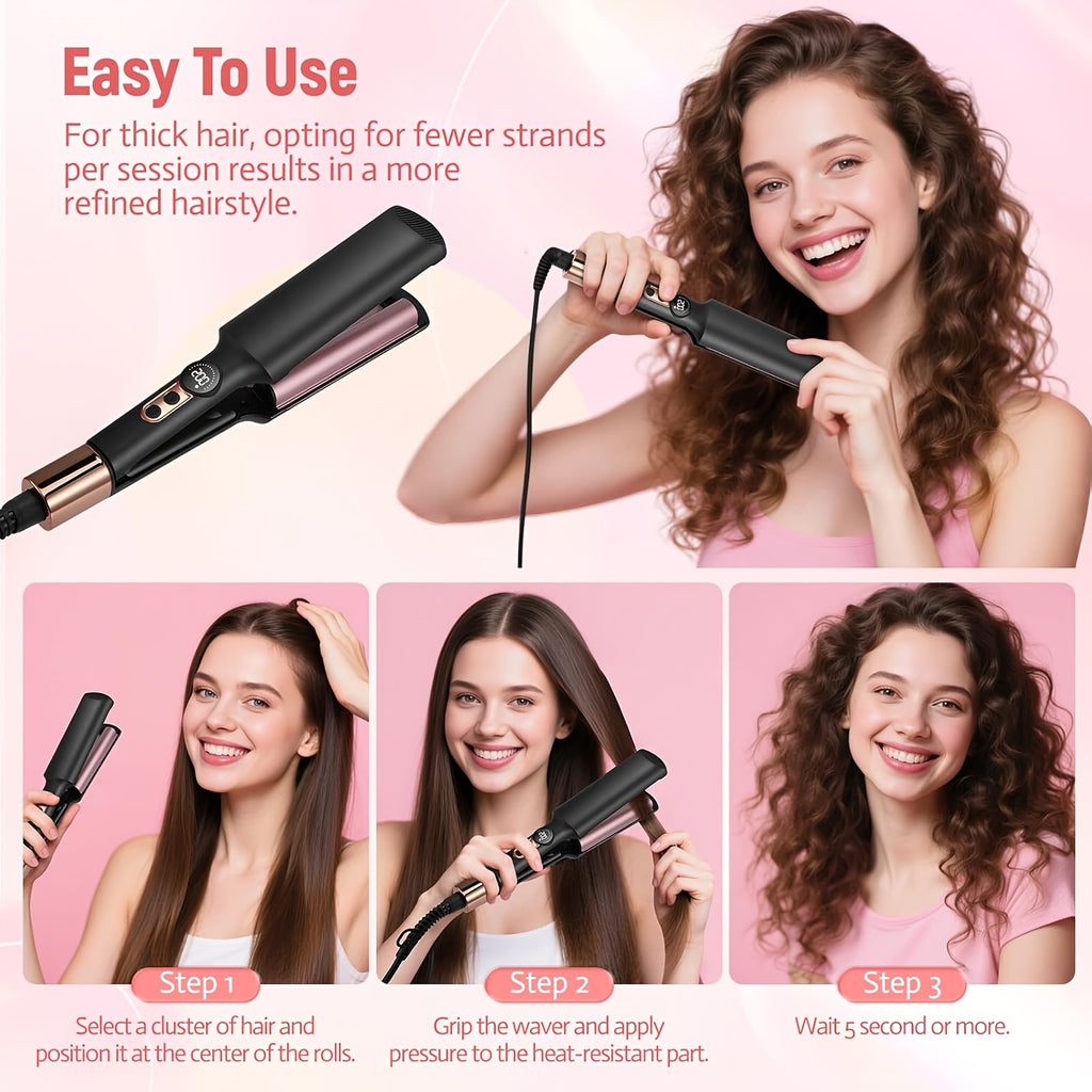 Mini Hair Curler Waver Hair Tool Crimper for Women Short Hair Travel Double Barrel Small Waver Ceramic Curling Iron Dual Voltage with 5 Temps, Anti-scalding for Dating, Daily