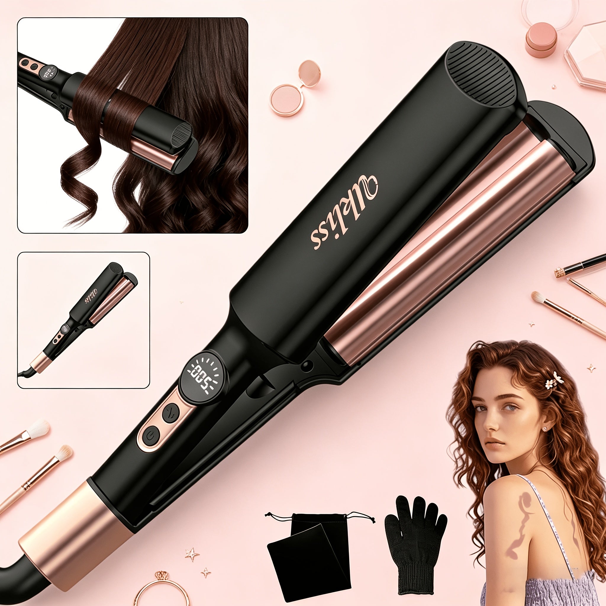 Travel Waver Hair Tool Mini Crimper for Women Short Hair 0.4 Inch Small Double Barrel S Waver Curling Iron 5 Temps, Anti-scalding, Auto-Off