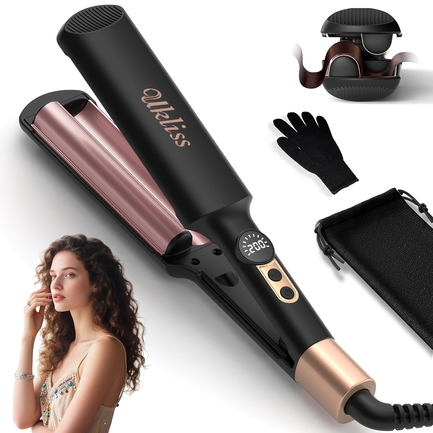 Mini Hair Curler Waver Hair Tool Crimper for Women Short Hair Travel Double Barrel Small Waver Ceramic Curling Iron Dual Voltage with 5 Temps, Anti-scalding for Dating, Daily