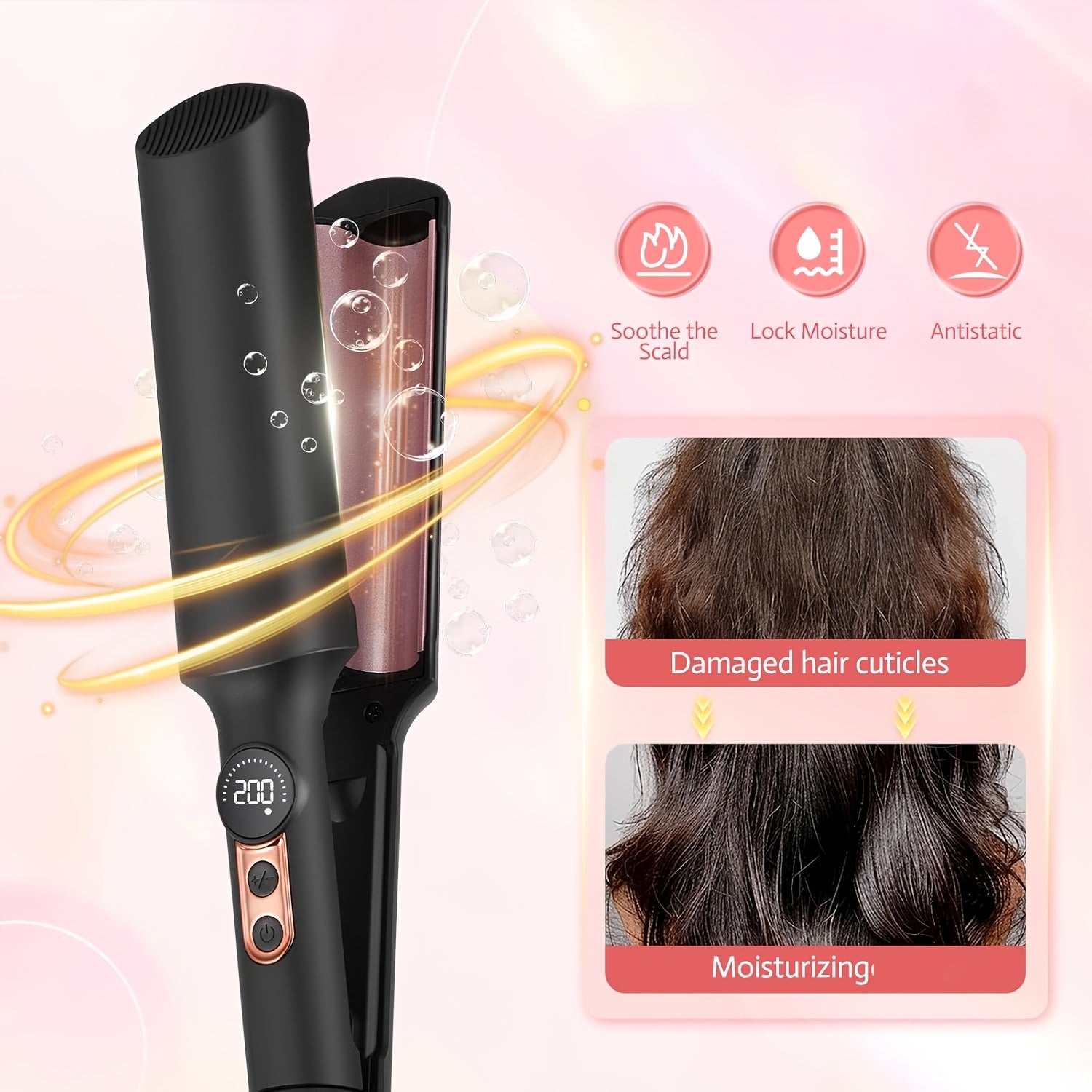 Mini Hair Curler Waver Hair Tool Crimper for Women Short Hair Travel Double Barrel Small Waver Ceramic Curling Iron Dual Voltage with 5 Temps, Anti-scalding for Dating, Daily