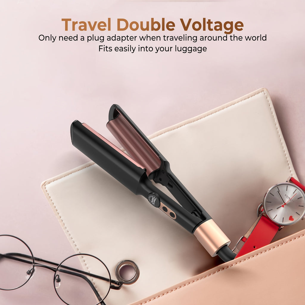 Travel Waver Hair Tool Mini Crimper for Women Short Hair 0.4 Inch Small Double Barrel S Waver Curling Iron 5 Temps, Anti-scalding, Auto-Off